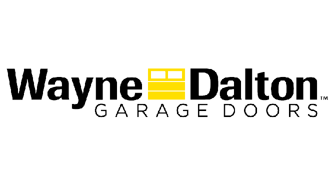 The Wayne Dalton Garage Doors logo features black text on a light background, with a yellow garage door icon.