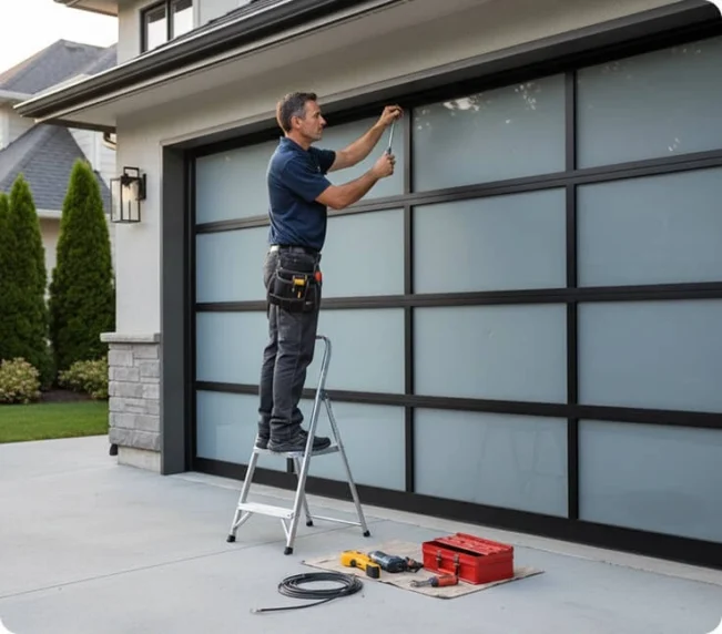 Garage door technician installing or servicing a residential garage door using a ladder.